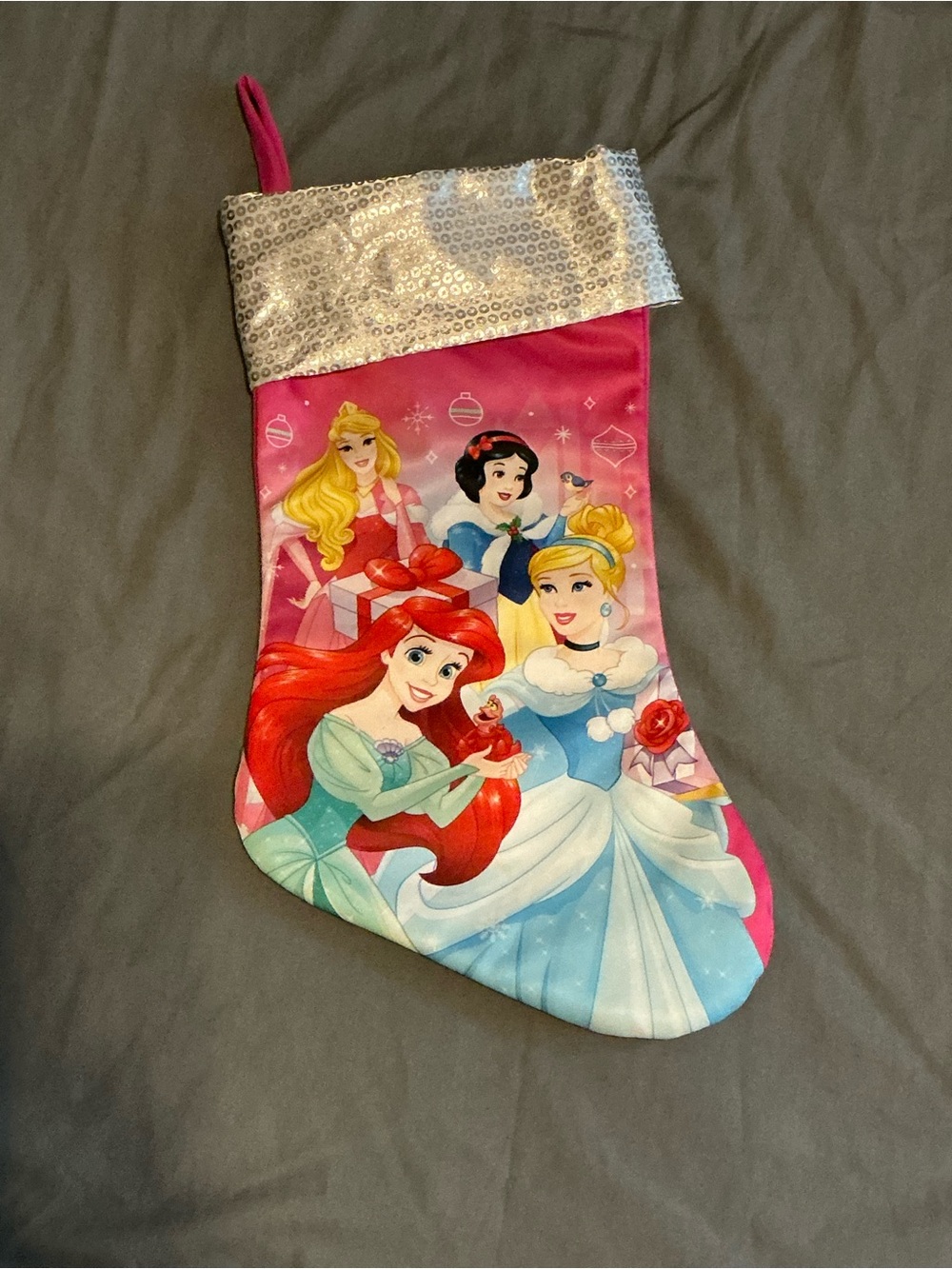 Disney Princess Pink and Silver Holiday Stocking with Sequin Cuff